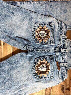 Cowgirl Tuff Light Wash Boot Cut Jeans with Brown & Gold Embroidered Pockets